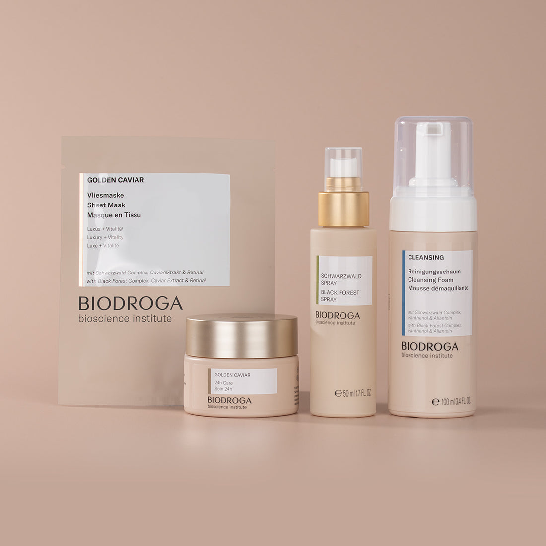 Abbildung der Anti Age Golden Caviar Routine auf beigefarbenen Hintergrund
