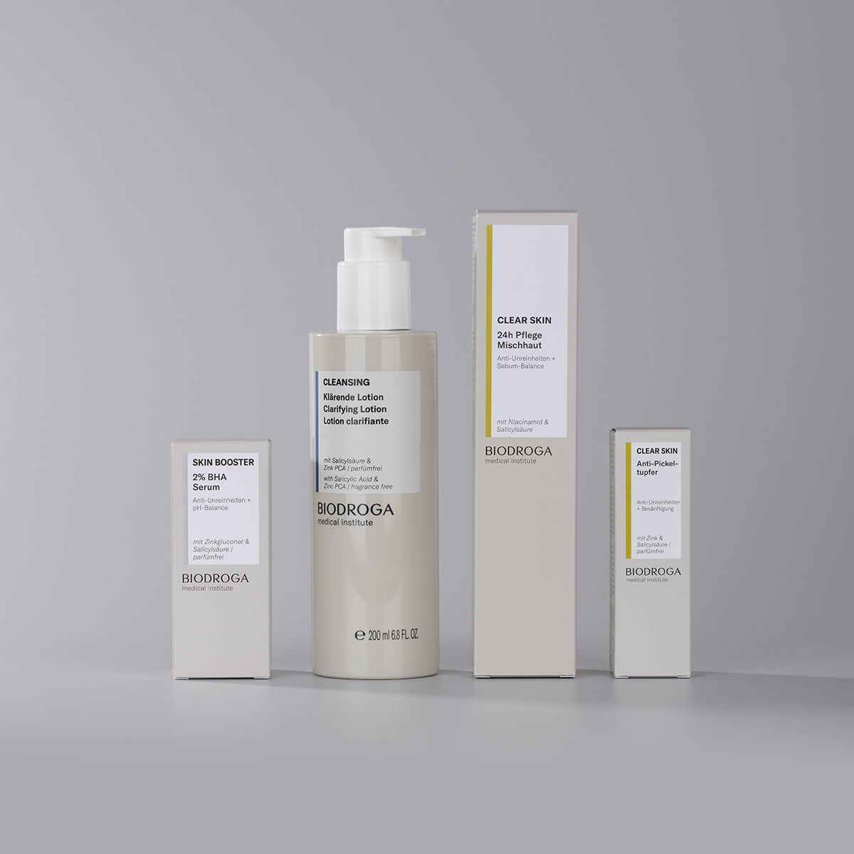 Abbildung der Clear Skin Routine auf grauen Hintergrund