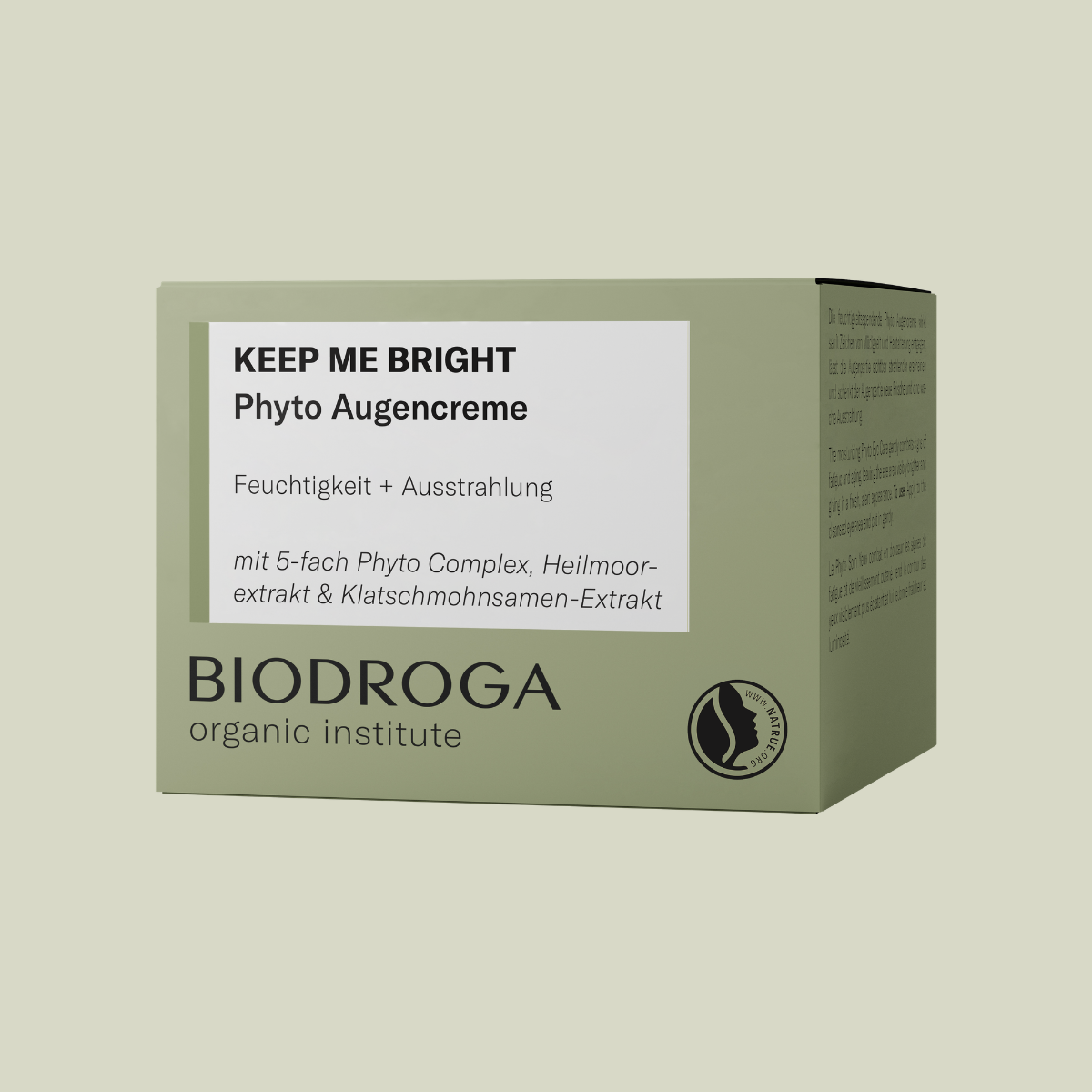 Abbildung der grünen Faltschachtel der Biodroga Organic Institute KEEP ME BRIGHT Phyto Augencreme