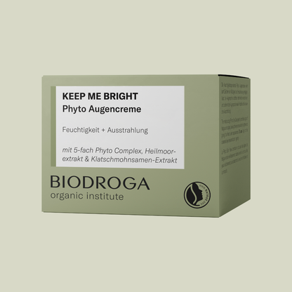 Abbildung der grünen Faltschachtel der Biodroga Organic Institute KEEP ME BRIGHT Phyto Augencreme
