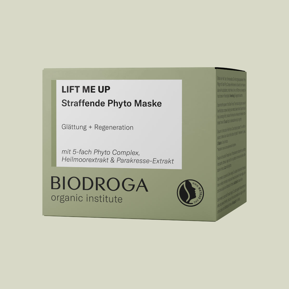 Abbildung der grünen Faltschachtel der Biodroga Organic Institute LIFT ME UP Straffende Phyto Maske